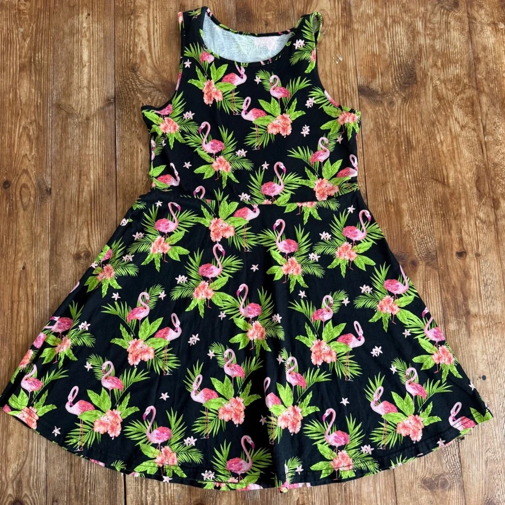The Childrens Place Flamingo Tropical Floral Skater Black Dress Large 10/12 EUC - Picture 3 of 6